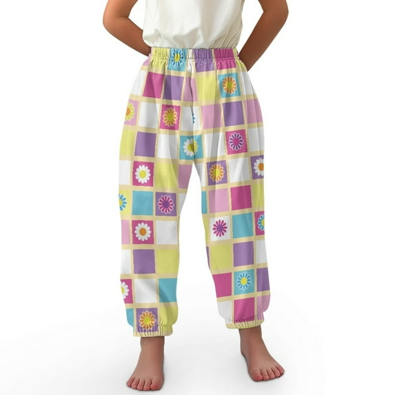DISNIMO Plaid Daisy Harem Pants for Girls Baggy Pants Size 13-16 Bloomers Long Pants for Kids High Waisted Trousers Wide Leg Yoga Pants for Girls Jogger Pants for Kids Elastic Waist Pants