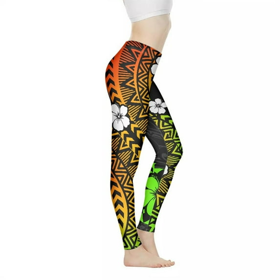 DISNIMO Polynesia Floral Printed Women's Workout Leggings, Stretch Yoga Pants Leggings Tummy Control Workout Yoga Pants for Yoga Gym, Black and Yellow, XS