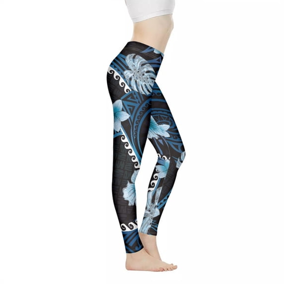 DISNIMO Polynesia Hibiscus Printed High Waisted Leggings Tummy Control Yoga Pants Leggings, Stretch Workout Yoga Pants for Sport, Black and Blue, XL