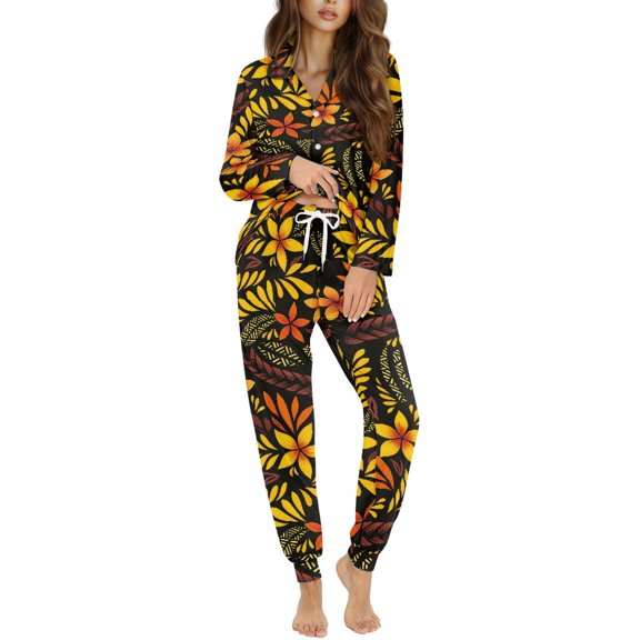 DISNIMO Polynesian Flower Print Women Two-Piece Pajama Sets Ladies Lounge Sets with Matching Long Pants Long-Sleeve Button Down Sleepweat Nightwear