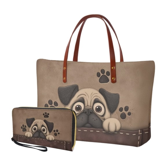 DISNIMO Pug Dog Print Handbags and Purses for Women, 2 Pcs Tote Handbag Satchel Shoulder Bag with PU Wallet, Casual Hobo Handbag and Wallet Set for Shop, Travel, Work