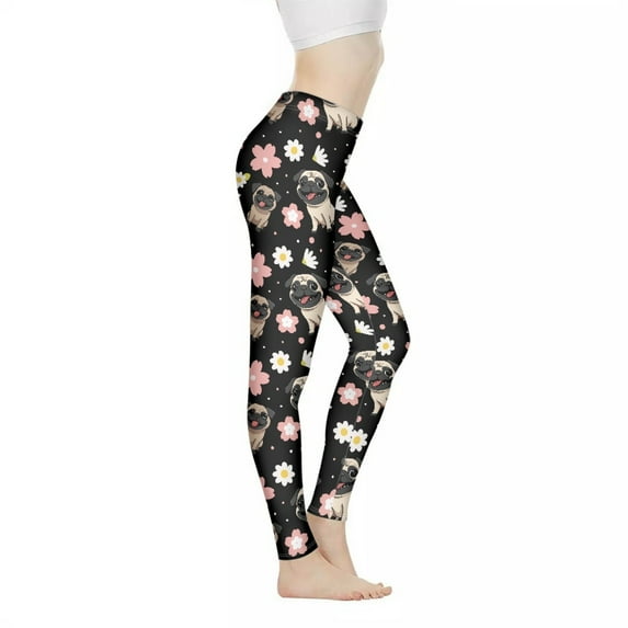 DISNIMO Pug Flower Printed Yoga Pants Leggings for Women, High Waisted Leggings Tummy Control Athletic Workout Yoga Pants for Workout Sport, Black, 3XL