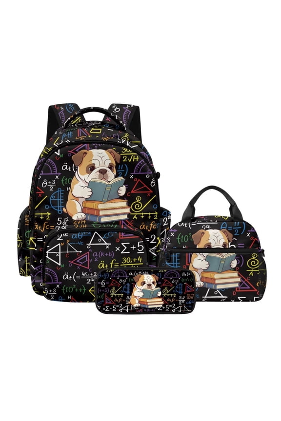 Pug Maths Printed Girls Backpack, Lightweight Backpack and Lunch Bag Set for Teen Girls, 17 Inch Large Schoolbag Set with Pencil Box for Preschool Primary Middle School