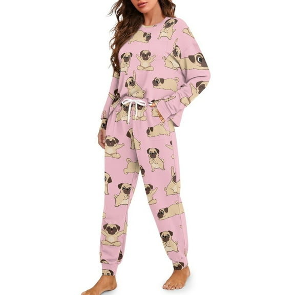 DISNIMO Pug Print Women's Pajama Sets 2 Piece Pj Sets Casual Loose Sleepwear Crew Neck Pullover Top with Long Pants Soft Comfy Loungewear Nightwear, XL