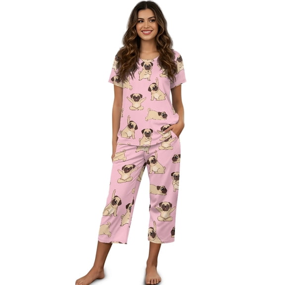 DISNIMO Pug Printed Womens Pajama Sets Soft 2 Piece Pjs Set Summer Tops and Capri Pant Soft Lounge Set, L