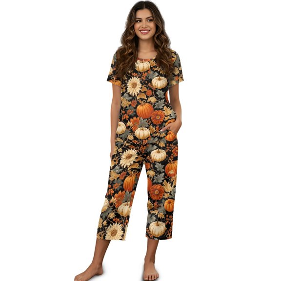 DISNIMO Pumpkin Leaf Printed Women's Short Sleeve Pajama Sets Comfy Sleepwear Short Sleeve Tops and Capri Pant Pjs for Summer, 3XL