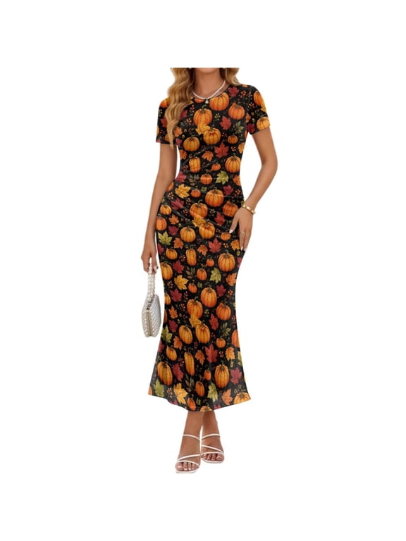 Pumpkin Maple Leaf Print Maxi Dress for Womens, Halloween Mesh Maxi Breathable Short Sleeve Dresses