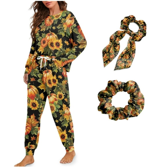 DISNIMO Pumpkin Sunflower Printed Women Pajama Set 4 Piece Pj Lounge Set with Hair Tie Long Sleeve Sleepwear with Long Pajama Pants Casual Loose Nightwear with Pocket, L