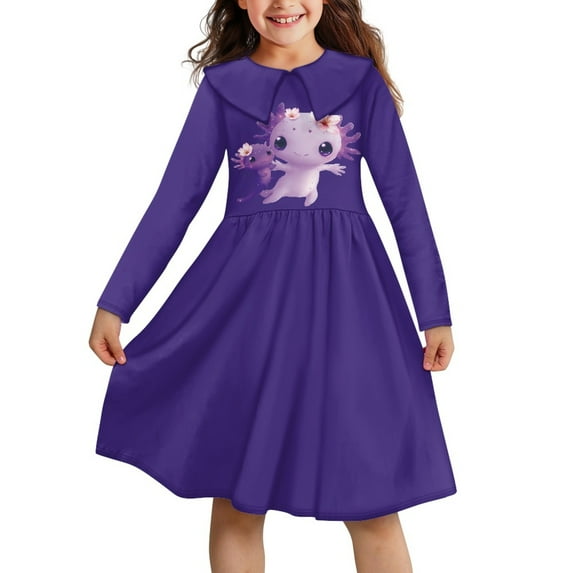 DISNIMO Purple Axolotl Dress for Kids Long Sleeve Dresses for Girls Size 13-14 Dresses Children Fall Dresses Girl Kids Dress Clothes Girl Swing Dresses with Flowers for Girls Twirl Skater Dress