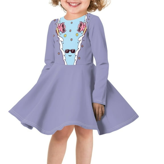 DISNIMO Purple Axolotl Dress Kids Star Dress for Girls Long Sleeve Twirl Dresses Girls Size 5-6 Dresses for School for Girls Midi Dress Fall Skater Dress Girls Round Neck Dress Child Girl Dress