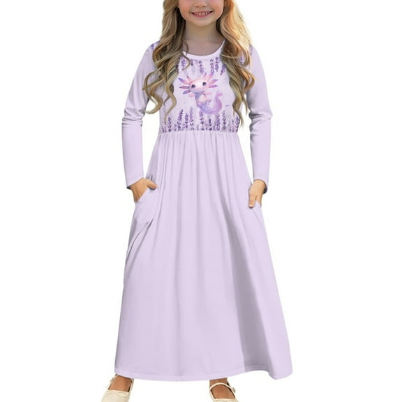 DISNIMO Purple Axolotl Dress Long Sleeve for Kids Long Sleeve Dresses for Girls Dresses with Pockets Size 9-10 Girls Dresses for Kids Holiday Dresses for Girls Swing Dress Long