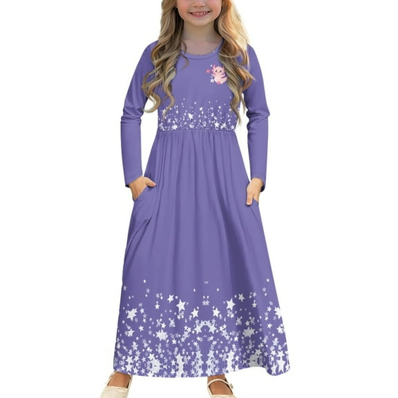DISNIMO Purple Axolotl Dress With Long Sleeves and Pockets for Kids Long Sleeve Dresses for Girls Soft Dresses Size 5-6 Girls Frock Long Sleeve Swing Dress for Kids Midi Dress Fall