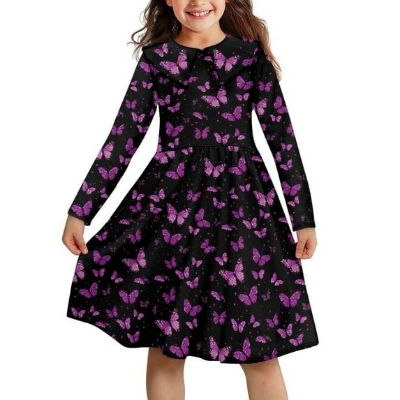 DISNIMO Purple Butterfly Dress for Girls Long Sleeve Midi Dress Kids Girl Dresses 11-12 Years Kids Dress with Collar for Girls Ruffle Collar Dress Kids Fall Dresses Kids Church Dresses Winter