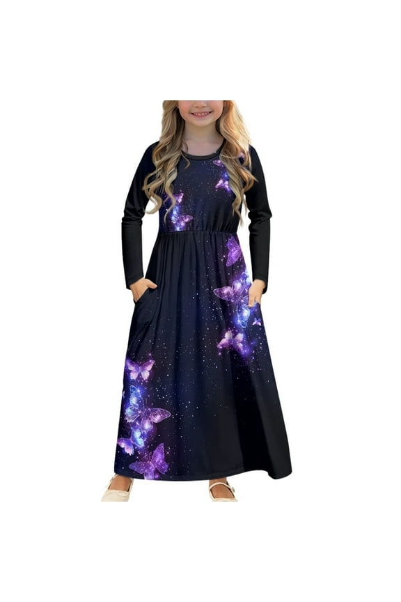Purple Butterfly Dress Long Sleeve for Girls 13-14 Dresses for Kids Long Sleeve Dresses for Kids Girl Frock with Pockets for Kids Swing Dress Long Sleeves Girls Midi Dress Fall