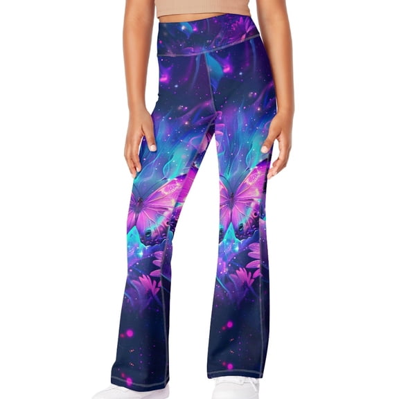 DISNIMO Purple Butterfly Girls Flare Yoga Pants Size 5-6 Bell Bottoms Leggings for Kids Flare Leggings Girls Flared Yoga Pants Kids High Waist Leggings Kids High Waist Leggings Girls Bell Bottom