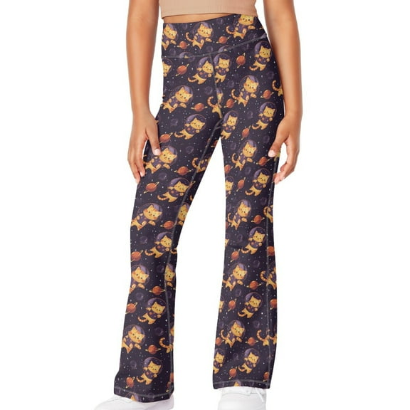 DISNIMO Purple Cat Girls Leggings Cross Flare Pants Size with Pockets Size 11-12 Soft Stretchy High Waisted Pants for Kids Child Yoga Dance Pants Girls Bell Bottoms Leggings