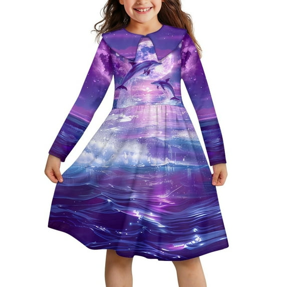 DISNIMO Purple Dolphin Sea Dress for Girls Dress Kids Long Sleeve Dresses Girls 9-10 Dress Children Girls Dresses Fall Girls Dresses Midi Length Dress for Kids Swing Dress Girls Dresses