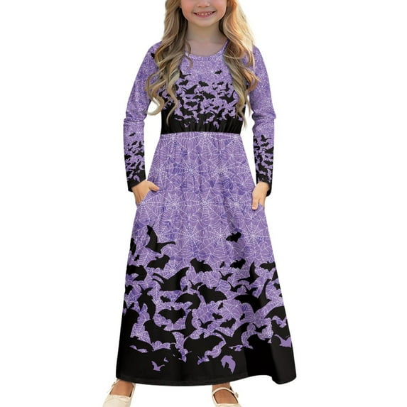 DISNIMO Purple Halloween Bat Girls Dresses Long Sleeve Girls Dresses Size 9-10 Dresses For Kids 2024 Casual Fall Frock for Kids Swing Dress Long Sleeve Midi Sun Dress with Side Pockets