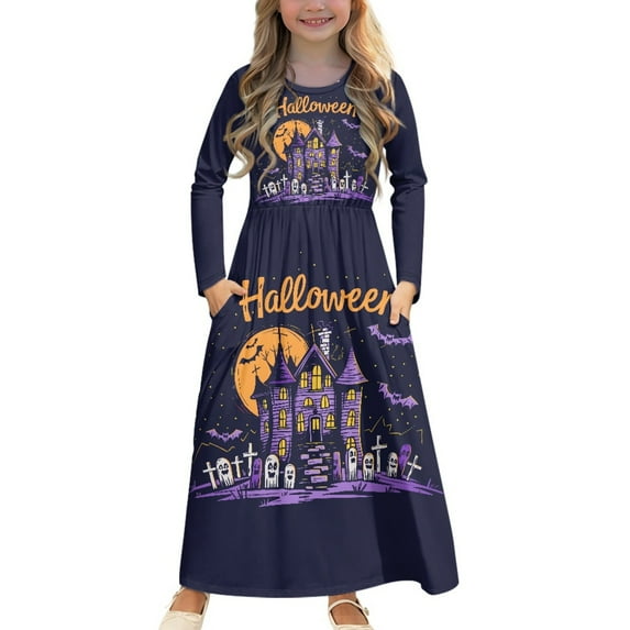 DISNIMO Purple Halloween Dress for Girls 7-8 Birthday Party Dresses for Girls Long Sleeve Dress with Pockets Kids Crew Neck Dress Long Sleeve Frock for Kids Dress Long Sleeve Casual Dress