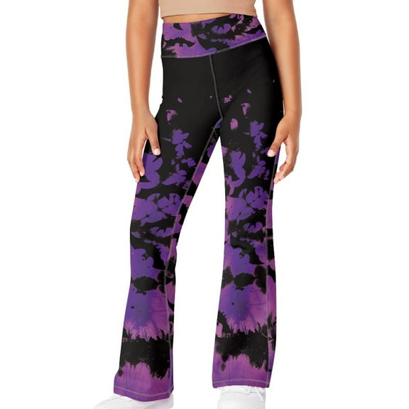 DISNIMO Purple Halloween Girls Athletic Leggings Kids Dance Running Yoga Pants Workout Active Dance Tights with Pockets Flare Leg Yoga Work Pants for Kids Cute High Waisted Flared 5-6