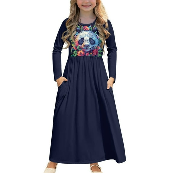 DISNIMO Purple Panda Girls Dresses Long Sleeve dress for Girls 5-6 Dress With Sleeves for Kids Dress with Pockets Girls Full Sleeve School Uniform Form Long Dress Print Midi