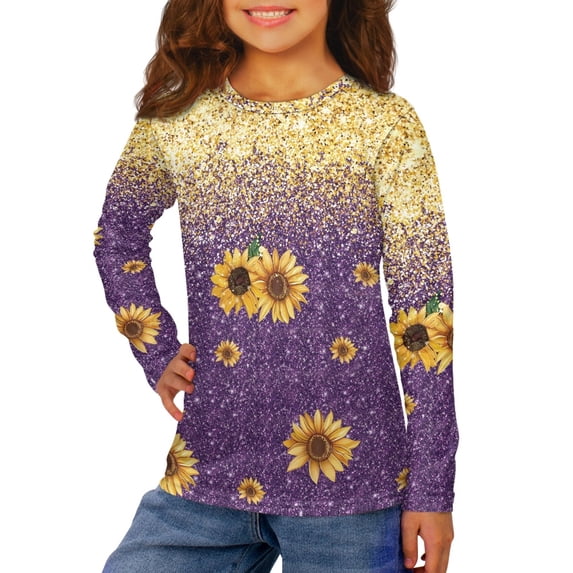 DISNIMO Purple Sunflower Girl T Shirt Kids Girls Long Sleeve Shirt Size 3-4 Shirts for Kids Long Sleeve Tshirt Girls Soft T Shirts Long Sleeve T-Shirt for Girls Crew Neck T Shirt Casual Kids