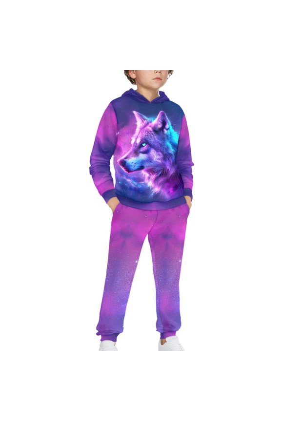 Purple Wolf Galaxy Hoodies for Kids Boys Hoodie and Jogger Set for Boys 2 Piece Outfits Fall Hoodies Pullover Hoodie with Pockets Kids Sweat Pants and Hoodie Set Boys Hoodies Size 10-12