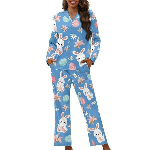 DISNIMO Rabbit Egg Daisy Print Womens Pajama Sets 2 Piece Long Sets Long Sleeve Sleepwear with Matching Pajama Pants Casual Loose Lounge Set with Pocket Button Down Loungewear Nightwear, XL