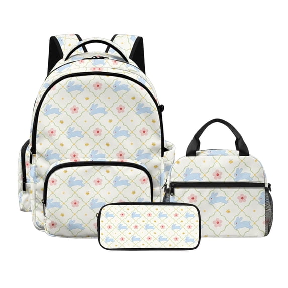 DISNIMO Rabbit Floral Printed Backpack for Kids with Lunch Bag & Pencil Pouch, 3 Pcs School Backpack Set for Middle High School Students, 17 Inch Lightweight School Bag Travel Daypack