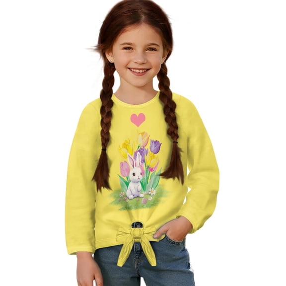 DISNIMO Rabbit Tulip Print Girls Lace up Long Sleeve Tops Casual Crewneck Tee Shirts Loose Fit Blouse Top Tie Front Soft Pullover Tops