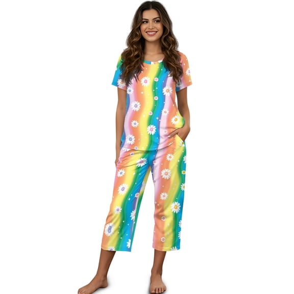 DISNIMO Rainbow Daisy Printed Women's Short Sleeve Pajama Sets Casual 2 Piece Pjs Set Soft Tops and Capri Pant Sleepwear for Summer, M