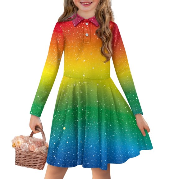 DISNIMO Rainbow Dress for Girls Long Sleeve Dresses Size 13-14 Girls Button Down Dresses with Collars for Girls Midi Dresses Long Sleeve Teen Girls Twirling Dresses Children Skater Dress Teen Modest