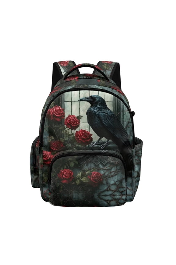 Raven Rose Print 17 Inch School Backpack for Boys Girls, Sturdy Breathable Kids Bookbag with Customizable Shoulder Straps for Daily Use Travel
