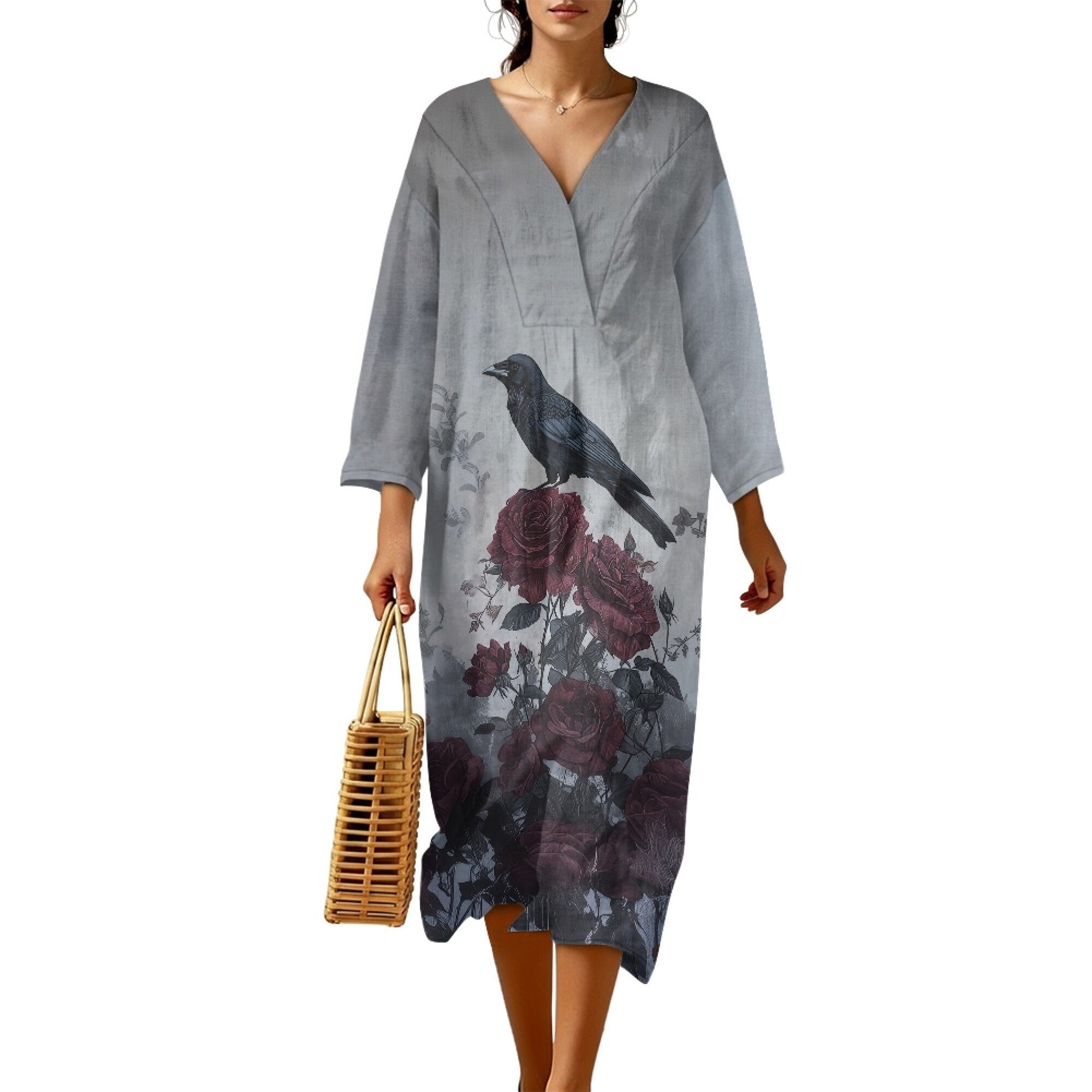 DISNIMO Raven Rose Print Women's Casual Maxi Dresses Lightweight V Neck ...