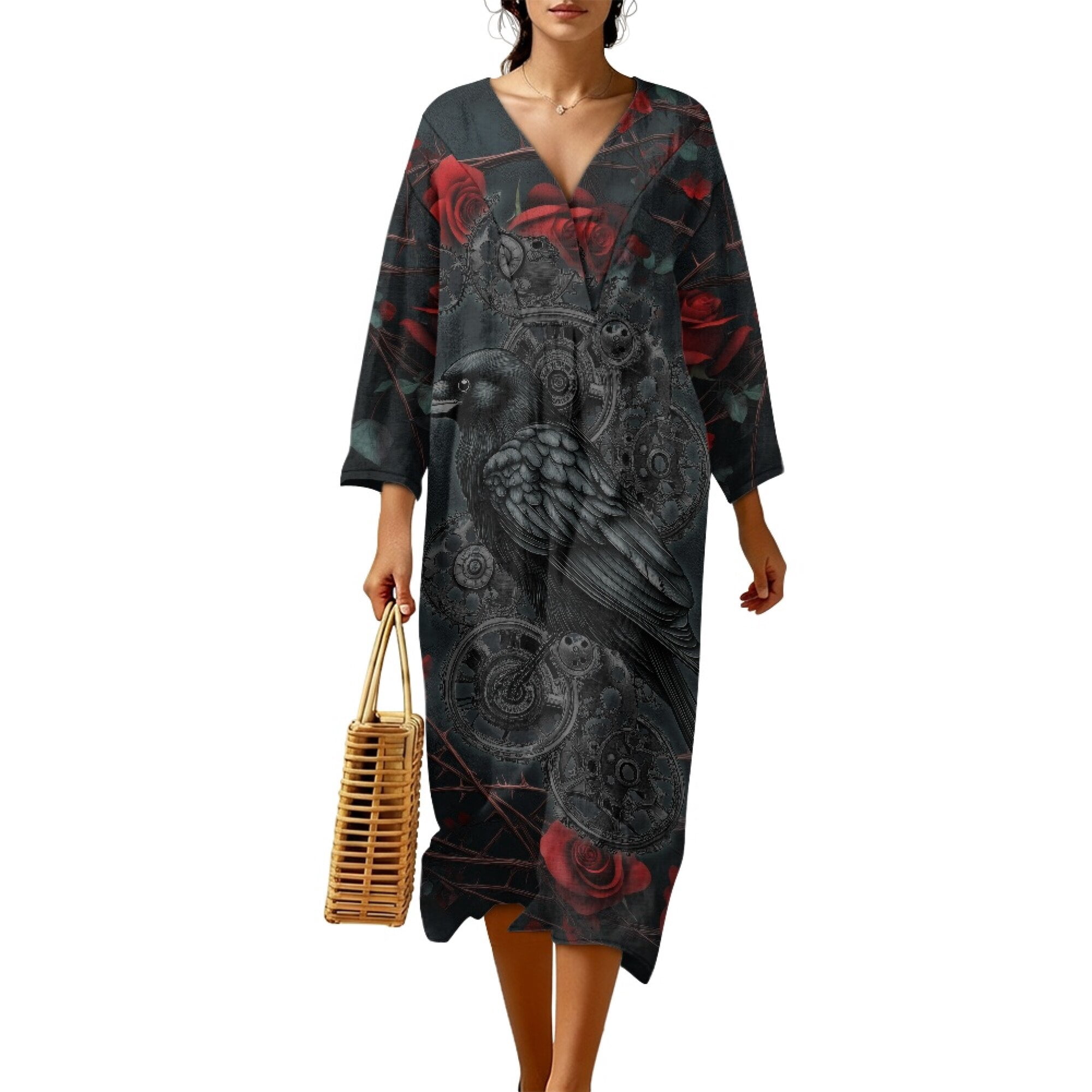 DISNIMO Raven Rose Print Womens Casual Maxi Dress Imitation Linen V ...