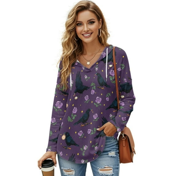 DISNIMO Raven Rose Printed Sweatshirts for Women Long Sleeve Hoodies Waffle V Neck Pullover Tops Drawstrings Shirts for Fall Winter, M
