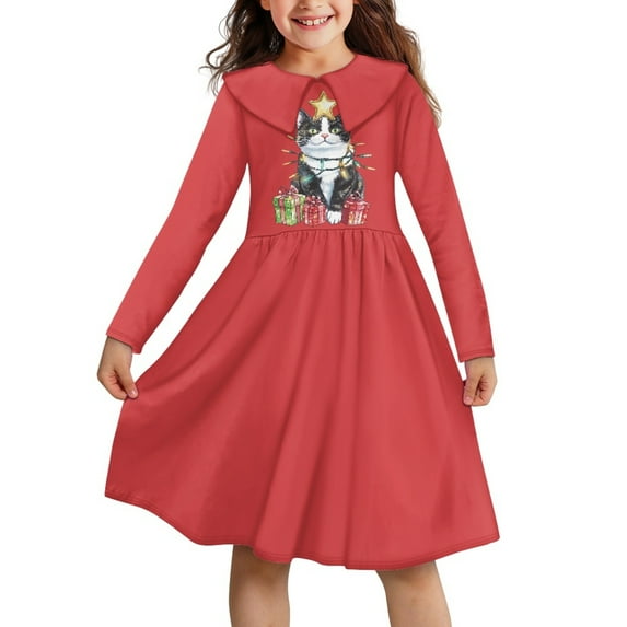 DISNIMO Red Christmas Dress for Girls Cat Dress Size 7-8 Girls Long Sleeve Midi Dress Kids Girls Casual Dresses Fall Girls Skater Dress for Children Long Sleeve Dress for Midi Dresses