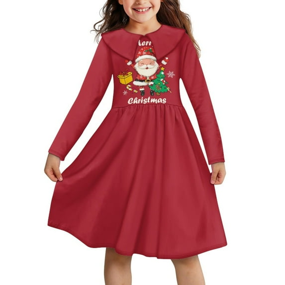DISNIMO Red Christmas Santa Claus Dress for Girls Long Sleeve Midi Dress Kids 9-10 Dresses Children Dresses for Girls Soft Dress for Girls Casual Midi Dress for Kids Collar Dress Girls Long Sleeve