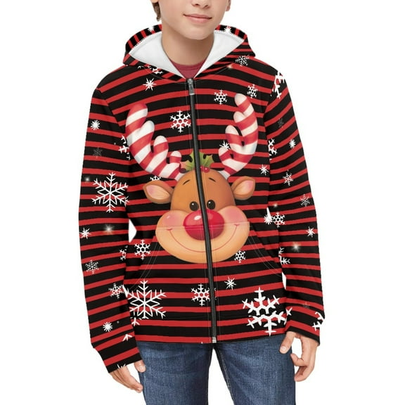 DISNIMO Reindeer Hoodie Boy Christmas Hoodie Kids Snowflake Hoodies Boys Striped Hoodie Girls Zip Up Sweatshirt Jacket for Boys Hooded Sweatshirts Size 6-7 Hoodies and Jackets for Boys Clothes