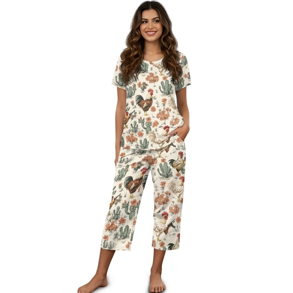 DISNIMO Rooster Cactus Printed Women's Short Sleeve Pajama Sets, Floral Printed Sleepwear Soft 2 Piece Lounge Sets Short Sleeve Capri Pant with Pockets Ladies Pjs, XL