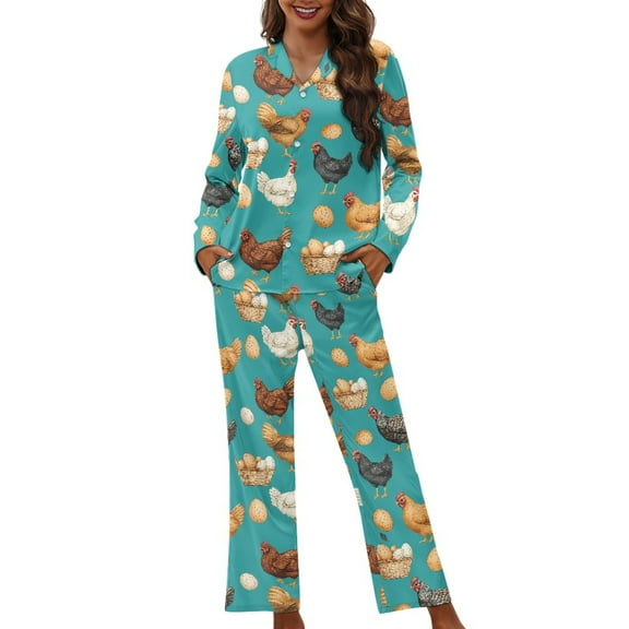 DISNIMO Rooster Egg Printed Women's 2 Piece Pajama Sets Long Sleeve Button Down Sleepwear with Long Pajama Pants Loose Fit Nightwear Soft V Neck Pajama Outfits, XL