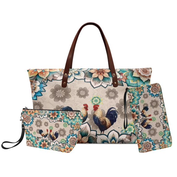 DISNIMO Rooster Print Tote Bag and Wallet Set Boho Mandala Flower Print Top Handle Handbag with Zipper PU Leather Satchel Shoulder Purse with Makeup Pouch