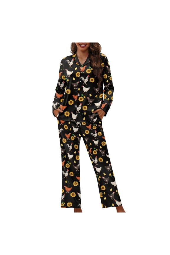 Rooster Sunflower Printed Womens Pajama Set Two Piece Lounge Sets with Long Pajama Pants Long Sleeve Sleepwear with Pockets Button Down Lounge Nightwear, XS