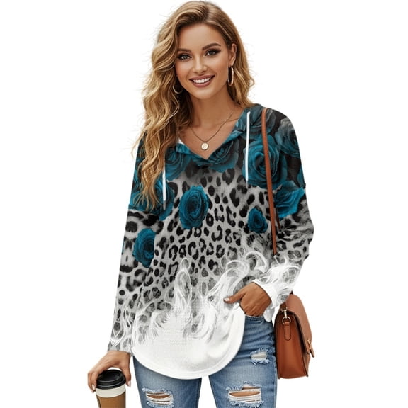 DISNIMO Rose Printed Sweatshirts for Women Trendy Hoodies Long Sleeve Pullover Tops Leopard Print Waffle Shirts for Fall Winter, XL