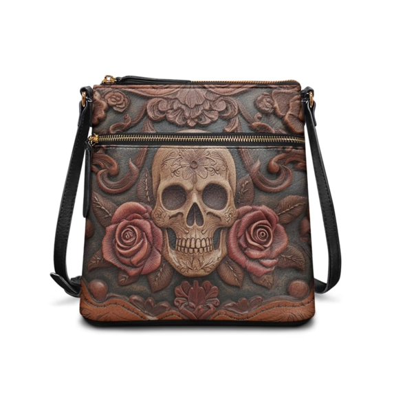 DISNIMO Rose Skull Print Satchel Shoulder Bags for Women PU Leather Crossbody Handbags with Zipper & Pockets Casual Bucket Bags Crossbody