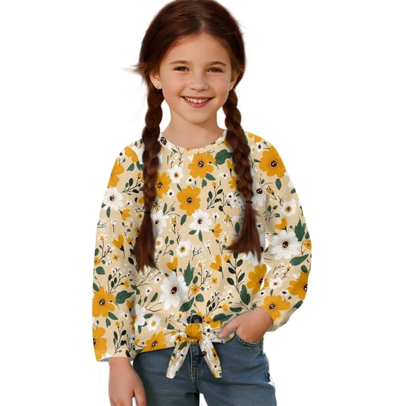 DISNIMO Rose Strawberry Printed Girls' Long Sleeve Shirts Tie Front Crewneck Blouse Tops Loose Fit Casual Pullover Soft Tee for 5-12 Years Old Girls