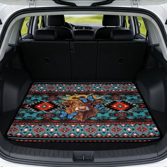 DISNIMO SUV Trunk Mat for Dogs All Weather Rear Cargo Liner Floor Mat with Non-Slip Backing Scratch-Proof Washable Trunk Protection Cargo Cover for SUV Truck Sedan, Highland Cow Butterfly Aztec Print