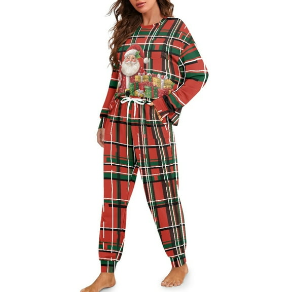DISNIMO Santa Claus Print 2 Piece Women Pajama Set Long Sleeve Sleepwear Tops with Long Pants Casual Soft Pjs Lounge Set Crew Neck Loungewear Nightwear with Pockets, S