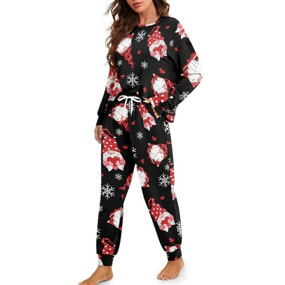 DISNIMO Santa Claus Print Lounge Sets for Women Snowflake Print Tow Piece Outfits Long Sleeve Top and Long Pants Casual Fashion Loungewear with Pocket Crew Neck Ladies Nightwear Set, 2XL