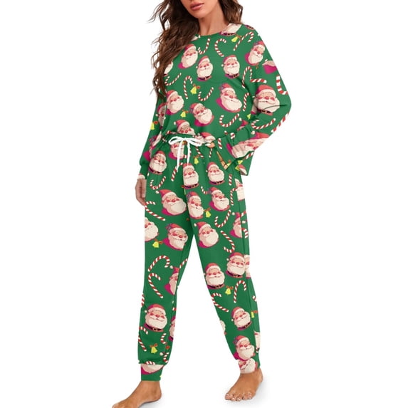 DISNIMO Santa Claus Print Women's 2 Piece Outfits Lounge Sets Long Sleeve Top and Long Pants Crew Neck Pajama Sets with Pocket Casual Soft Sleepwear Nightwear, S